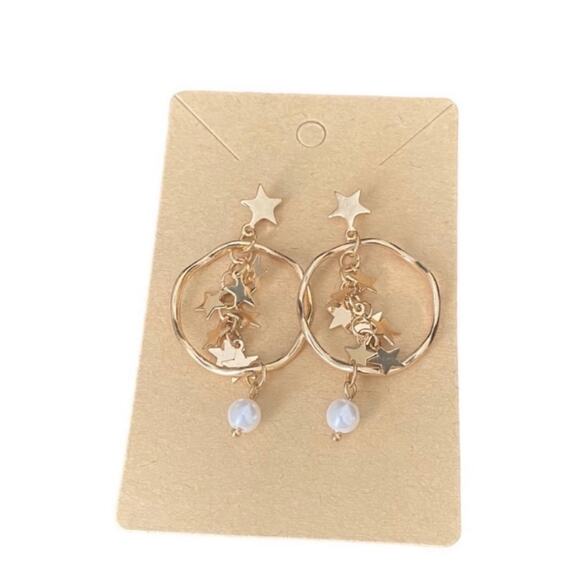Gold Tone Circle Stars Faux Pearl Dangle Earrings - Picture 3 of 3